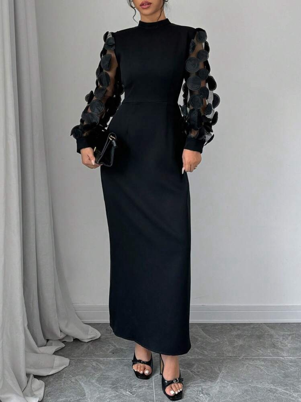 Elegant Black Midi Dress with Sheer Appliqué Sleeves